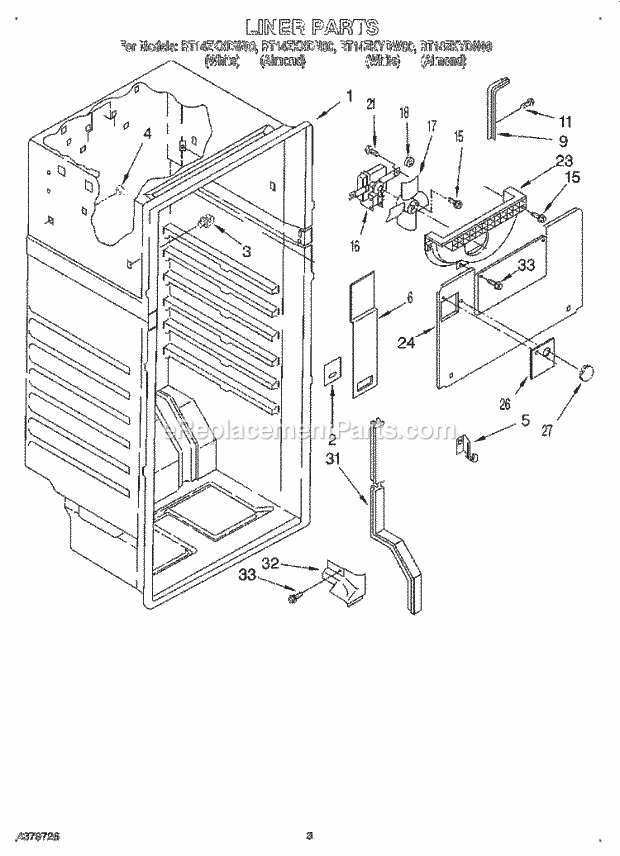 Roper RT14ZKXDW00 Top Freezer Refrigerator Liner Diagram