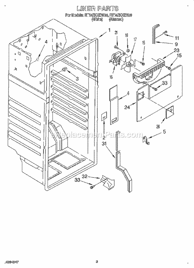 Roper RT14ZKXEN00 Top Freezer Refrigerator Liner Diagram