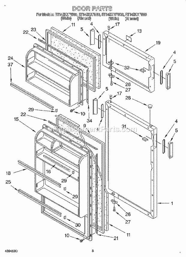 Roper RT14ZKXFN00 Top Freezer Refrigerator Door Diagram