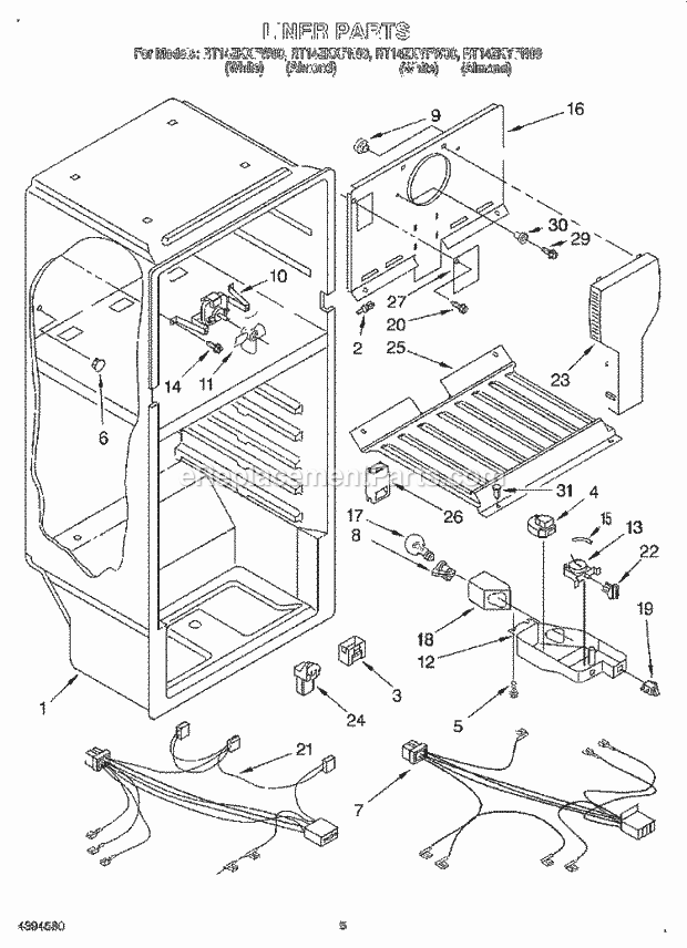 Roper RT14ZKXFN00 Top Freezer Refrigerator Liner, Lit/Optional Diagram