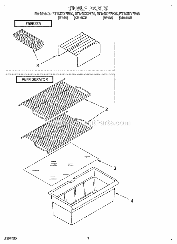 Roper RT14ZKXFW00 Top Freezer Refrigerator Shelf Diagram