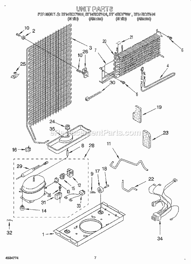 Roper RT14ZKXFW01 Top Freezer Refrigerator Unit Diagram