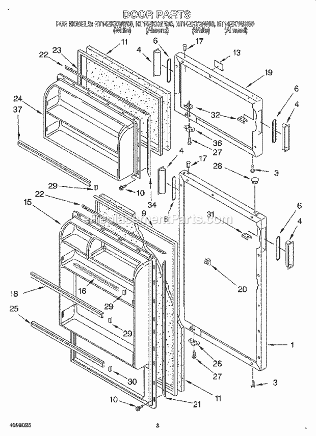 Roper RT14ZKXGN00 Top Freezer Refrigerator Door Diagram