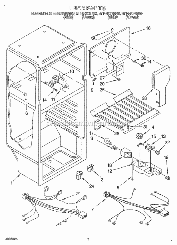 Roper RT14ZKXGN00 Top Freezer Refrigerator Liner, Lit/Optional Diagram