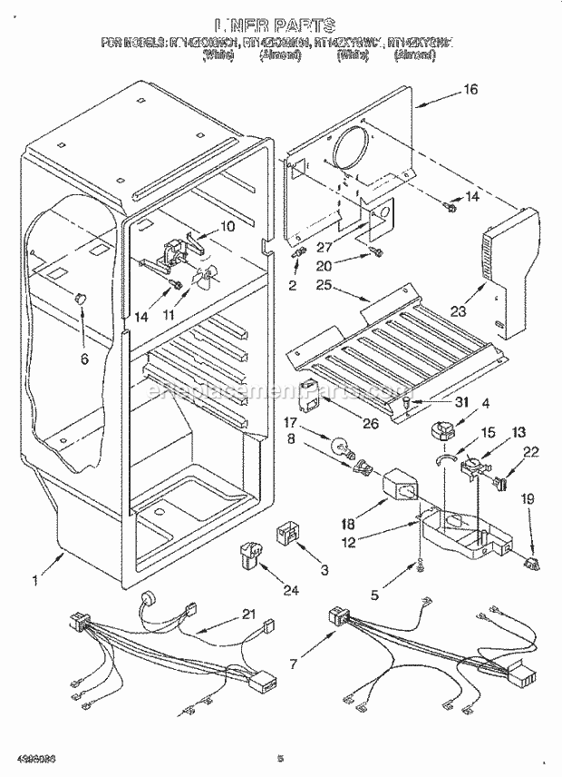 Roper RT14ZKXGW01 Top Freezer Refrigerator Liner, Lit/Optional Diagram