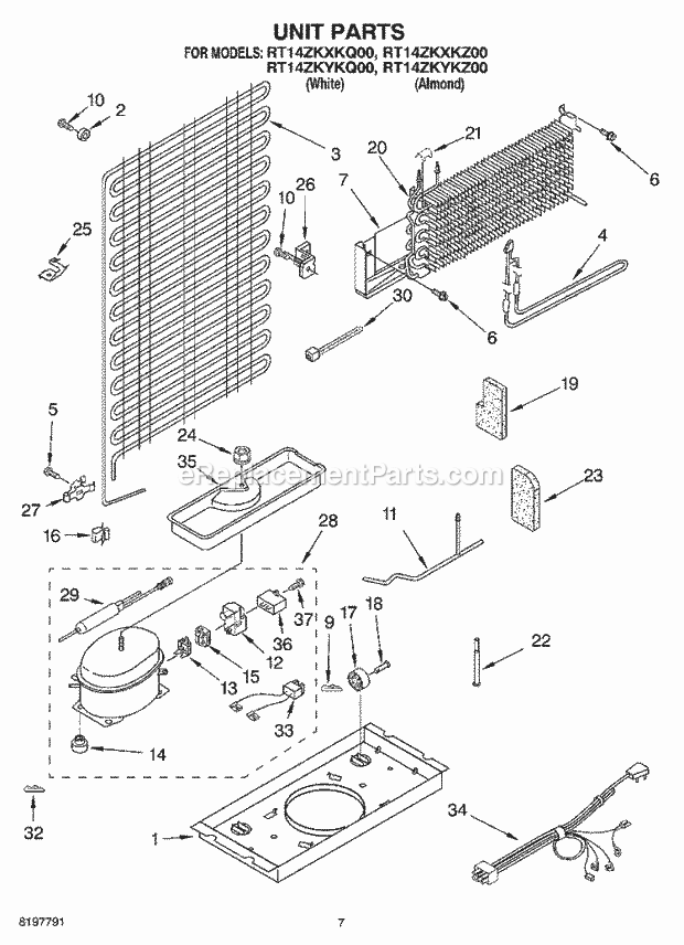 Roper RT14ZKXKQ00 Top Freezer Refrigerator Unit Diagram