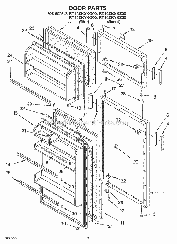 Roper RT14ZKXKZ00 Top Freezer Refrigerator Door Diagram