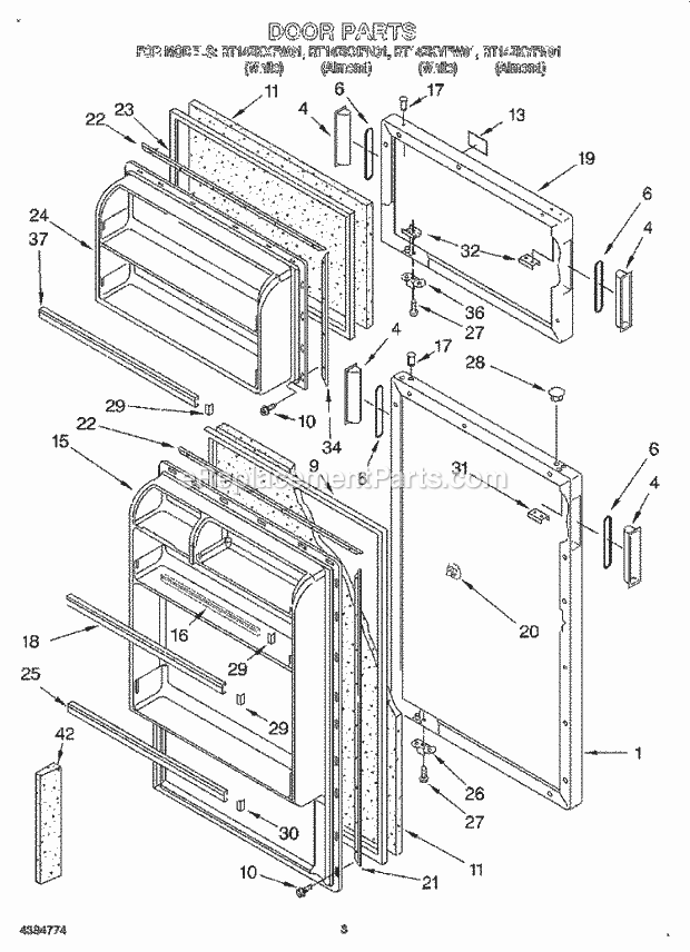 Roper RT14ZKYFW01 Top Freezer Refrigerator Door Diagram