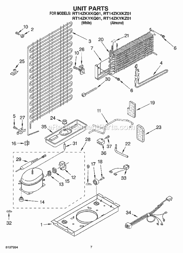 Roper RT14ZKYKQ01 Top Freezer Top-Mount Refrigerator Unit Diagram