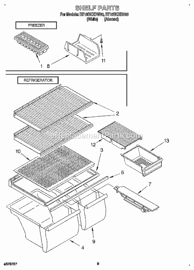 Roper RT16DKXDN00 Top Freezer Refrigerator Shelf, Lit/Optional Diagram