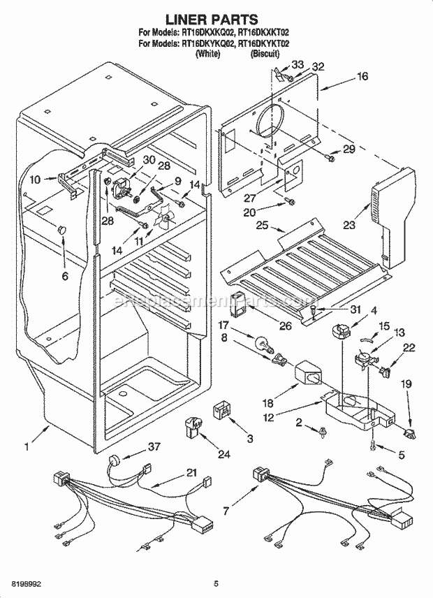 Roper RT16DKXKQ02 Top Freezer Top-Mount Refrigerator Liner Parts Diagram