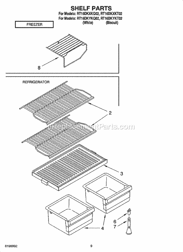 Roper RT16DKXKQ02 Top Freezer Top-Mount Refrigerator Shelf Parts, Optional Parts Diagram