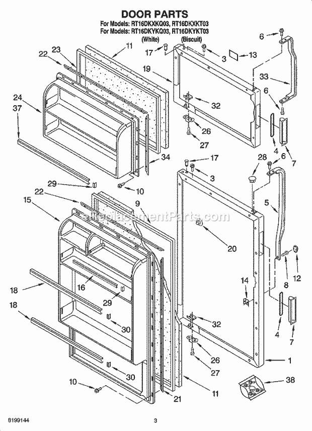 Roper RT16DKXKQ03 Top Freezer Top-Mount Refrigerator Door Parts Diagram