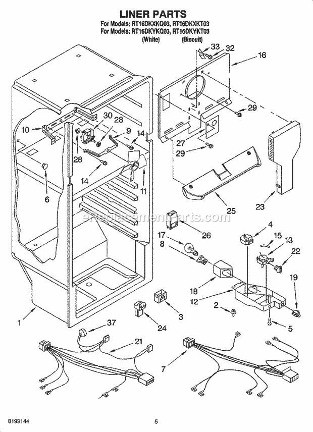 Roper RT16DKXKQ03 Top Freezer Top-Mount Refrigerator Liner Parts Diagram