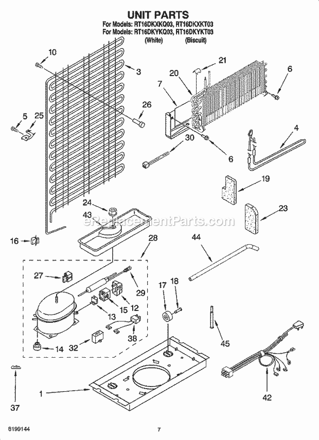 Roper RT16DKXKQ03 Top Freezer Top-Mount Refrigerator Unit Parts Diagram