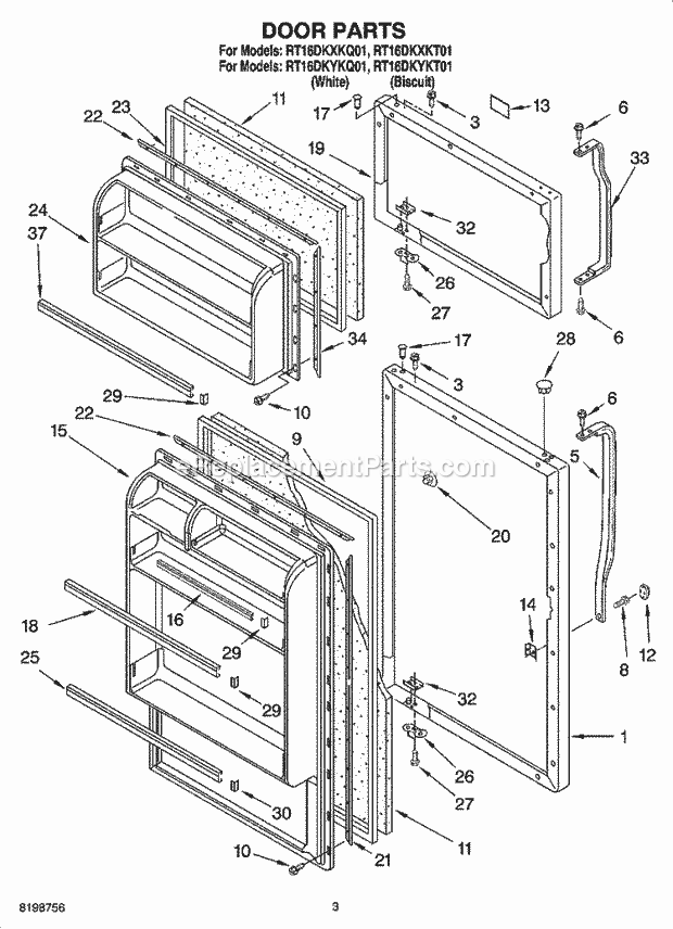 Roper RT16DKXKT01 Top Freezer Top-Mount Refrigerator Door Parts Diagram