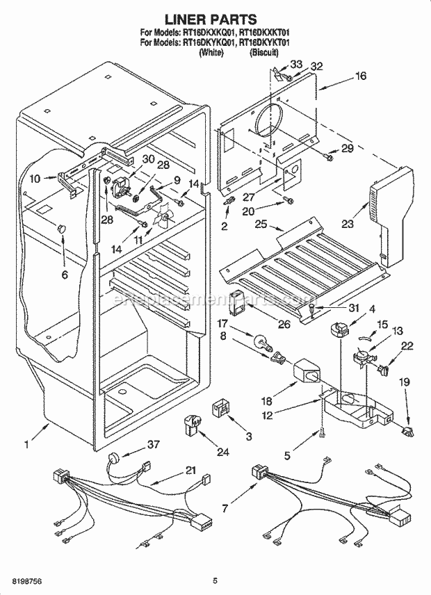 Roper RT16DKXKT01 Top Freezer Top-Mount Refrigerator Liner Parts Diagram