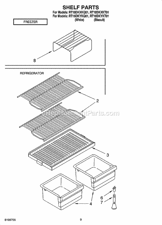 Roper RT16DKXKT01 Top Freezer Top-Mount Refrigerator Shelf Parts, Literature and Optional Parts Diagram