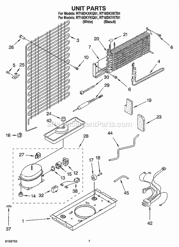 Roper RT16DKXKT01 Top Freezer Top-Mount Refrigerator Unit Parts Diagram