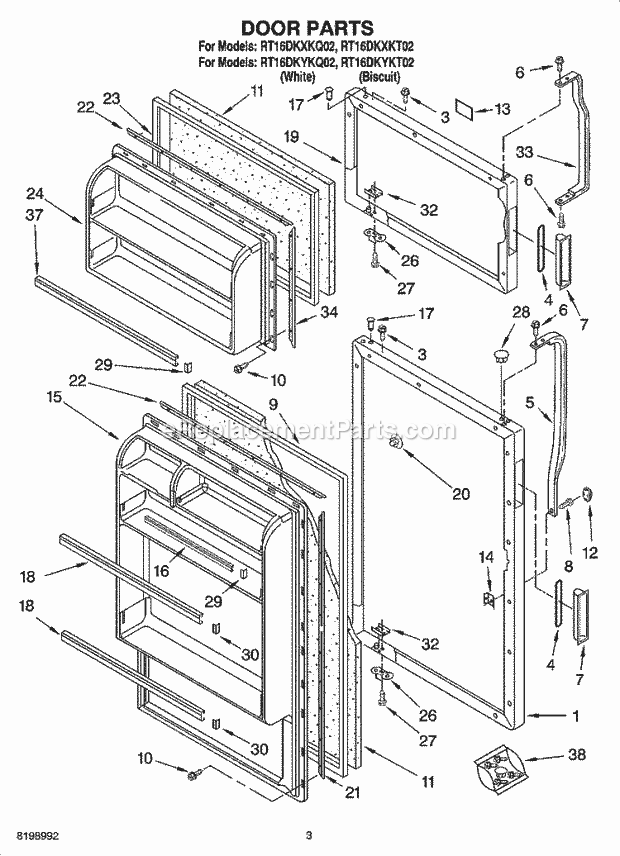 Roper RT16DKXKT02 Top Freezer Top-Mount Refrigerator Door Parts Diagram