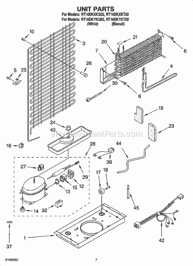 Roper RT16DKXKT02 Top Freezer Top-Mount Refrigerator Unit Parts Diagram