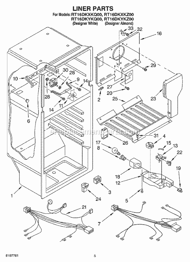 Roper RT16DKXKZ00 Top Freezer Top-Mount Refrigerator Liner Diagram