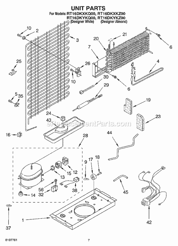 Roper RT16DKXKZ00 Top Freezer Top-Mount Refrigerator Unit Diagram