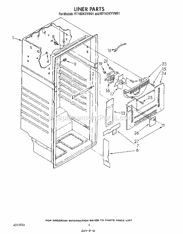 Roper RT16DKXVW01 Top Freezer Refrigerator Liner Diagram