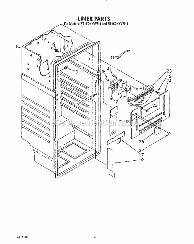 Roper RT16DKXVW11 Top Freezer Refrigerator Liner Diagram