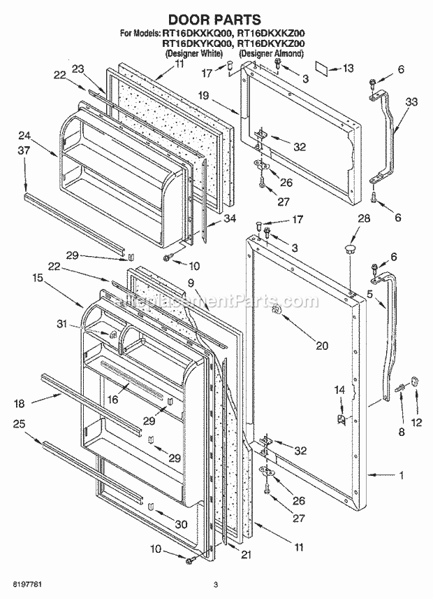 Roper RT16DKYKQ00 Top Freezer Top-Mount Refrigerator Door Diagram