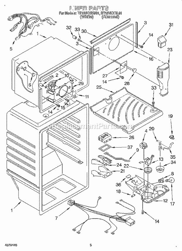 Roper RT16VKXBL01 Top Freezer Refrigerators Liner Diagram