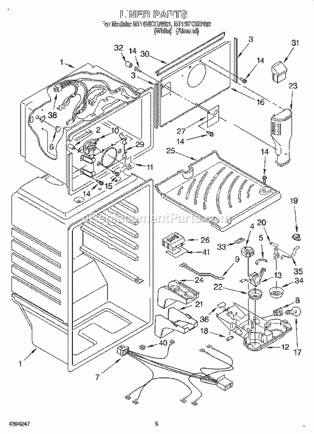 Roper RT16VKXDW02 Top Freezer Refrigerator Liner Diagram