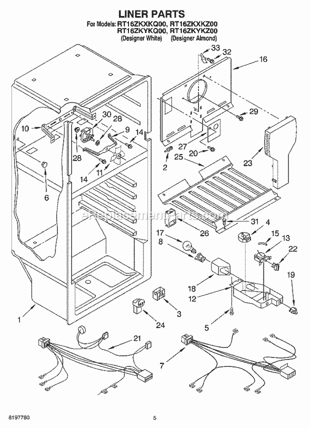 Roper RT16ZKXKZ00 Top Freezer Top-Mount Refrigerator Liner Diagram