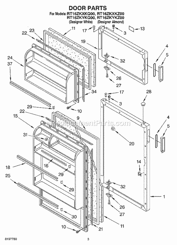 Roper RT16ZKYKQ00 Top Freezer Top-Mount Refrigerator Door Diagram