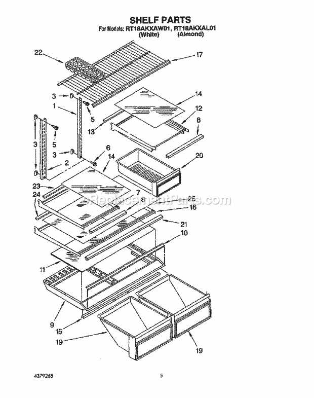 Roper RT18AKXAW01 Top Freezer Refrigerator Shelf Diagram