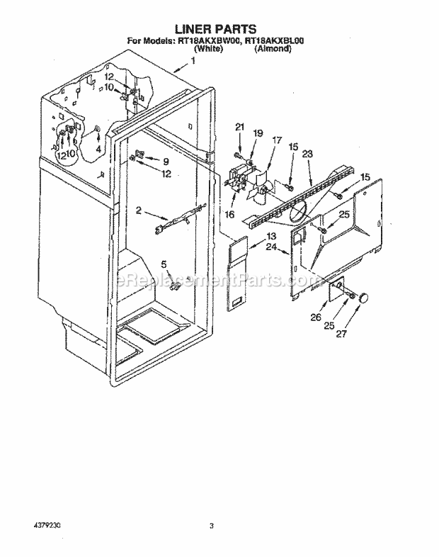 Roper RT18AKXBL00 Top Freezer Refrigerator Liner Diagram