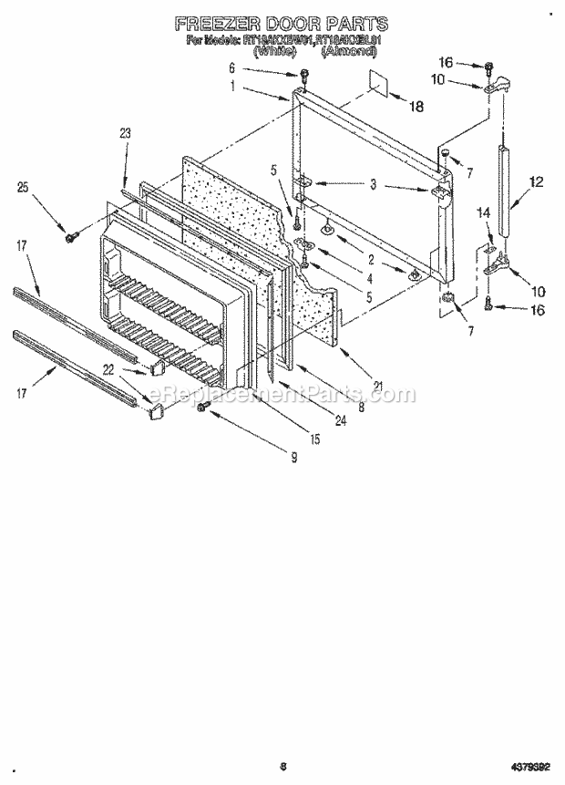 Roper RT18AKXBL01 Top Freezer Refrigerator Freezer Door Diagram