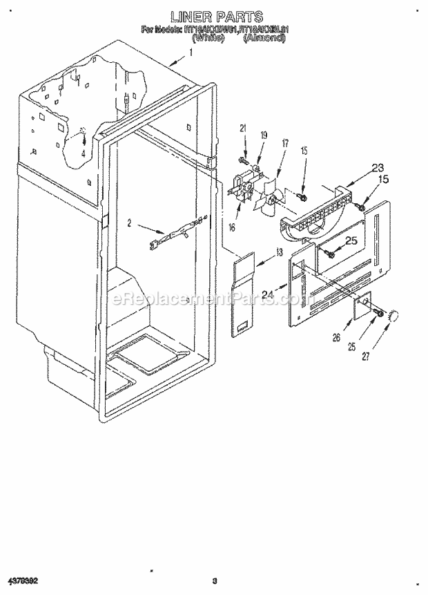 Roper RT18AKXBL01 Top Freezer Refrigerator Liner Diagram