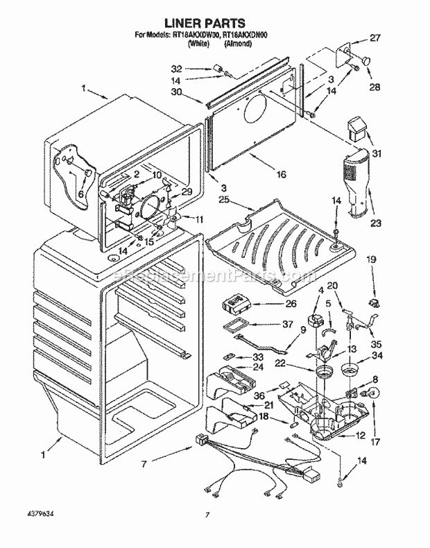 Roper RT18AKXDN00 Top Freezer Refrigerator Liner Diagram