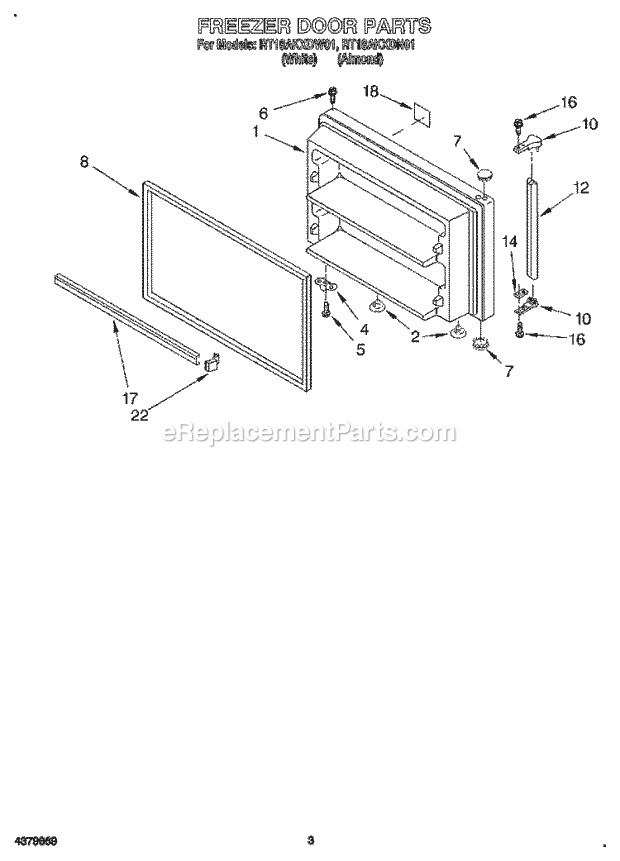 Roper RT18AKXDN01 Top Freezer Refrigerator Freezer Door Diagram