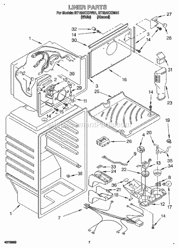 Roper RT18AKXDN01 Top Freezer Refrigerator Liner Diagram