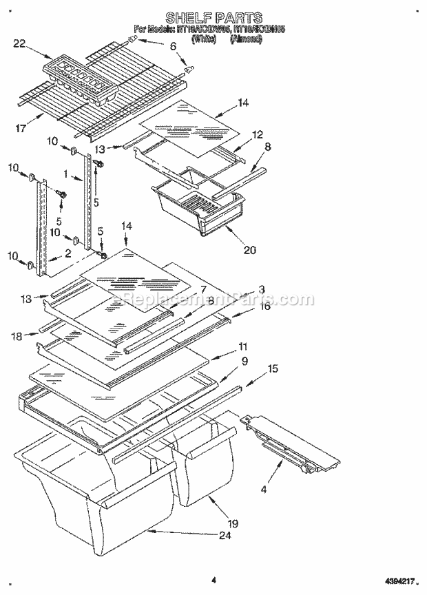 Roper RT18AKXDW05 Top Freezer Refrigerator Shelf Diagram