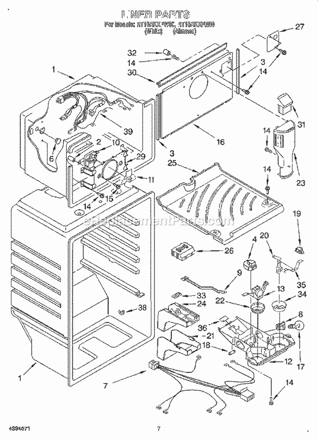 Roper RT18AKXFW00 Top Freezer Refrigerator Liner Diagram