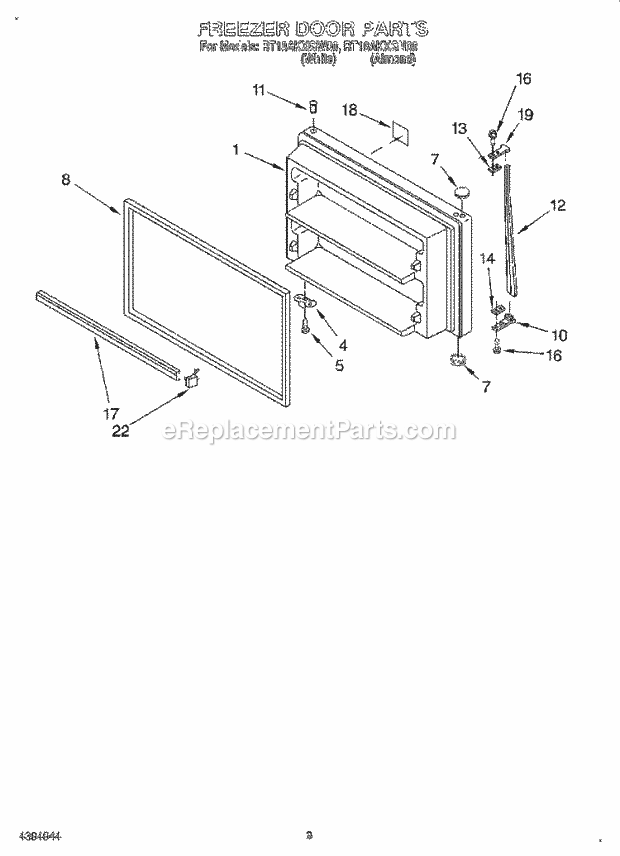 Roper RT18AKXGW00 Top Freezer Refrigerator Freezer Door Diagram