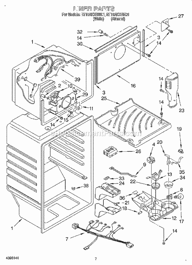 Roper RT18AKXGW01 Top Freezer Refrigerator Liner Diagram