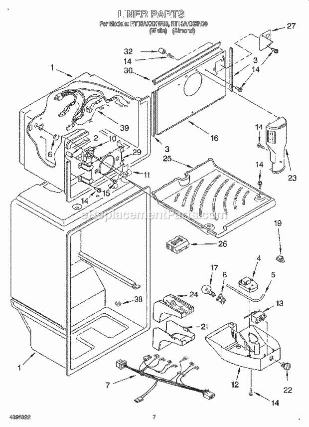 Roper RT18AKXHW00 Top Freezer Refrigerator Liner Diagram