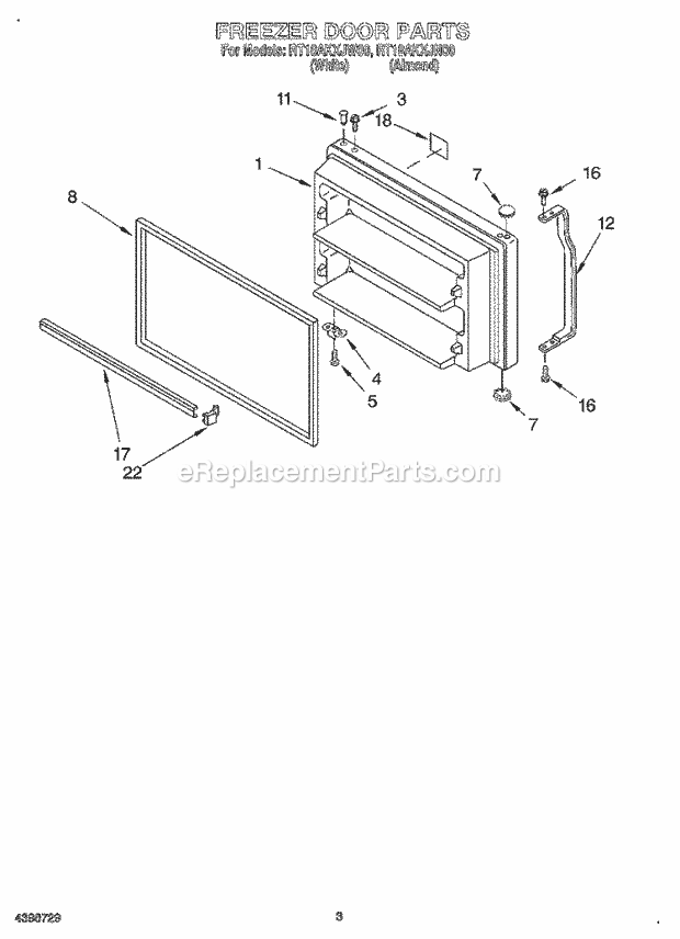 Roper RT18AKXJW00 Top Freezer Refrigerator Freezer Door Diagram