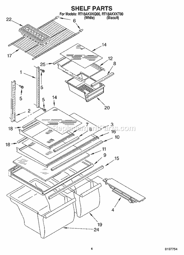 Roper RT18AKXKQ00 Top Freezer Top-Mount Refrigerator Shelf Diagram