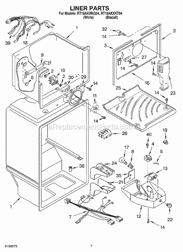 Roper RT18AKXKQ04 Top Freezer Top-Mount Refrigerator Liner Parts Diagram