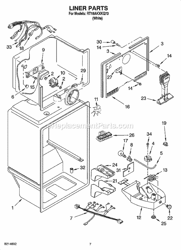 Roper RT18AKXKQ70 Top Freezer Top-Mount Refrigerator Liner Parts Diagram